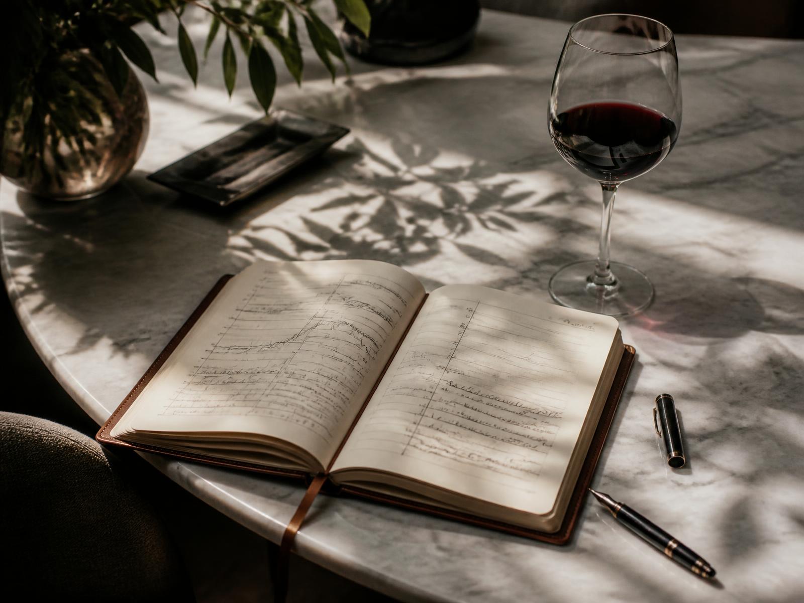 Carnet de marché annoté et verre de vin sur une table de marbre