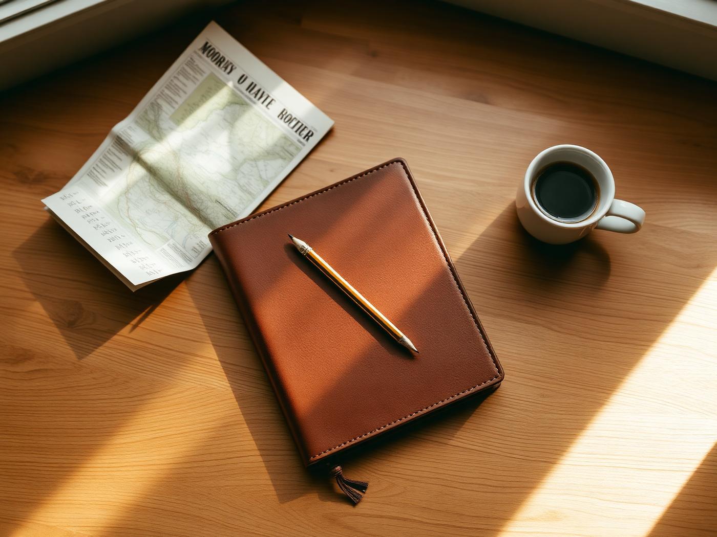 Carnet, carte dépliée et café sur un bureau en bois
